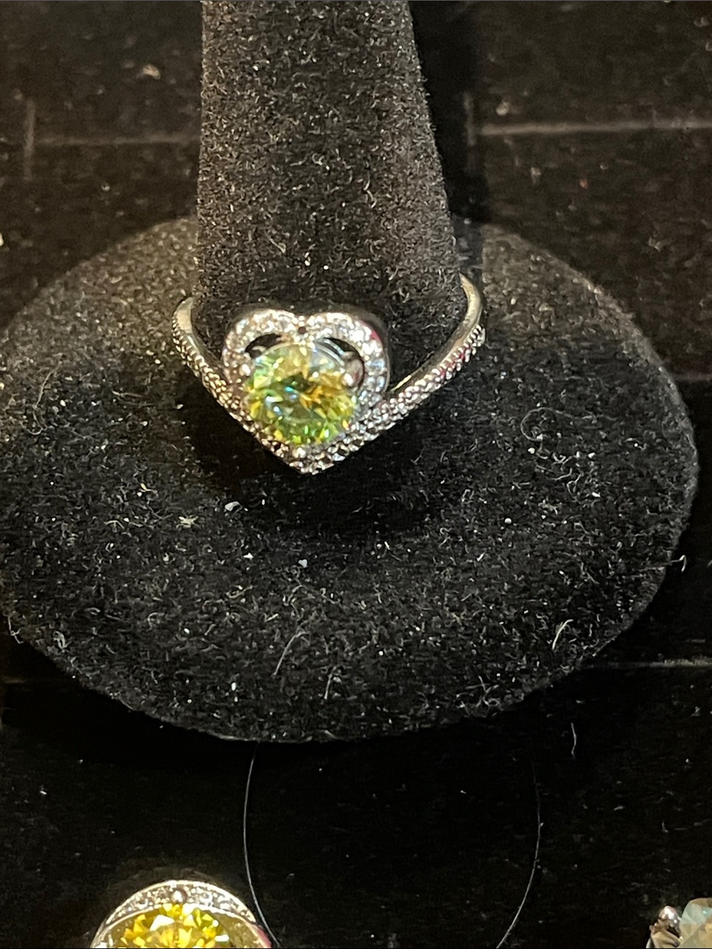 Heart Halo Silver Ring with Yellow-Green Stone moisenite